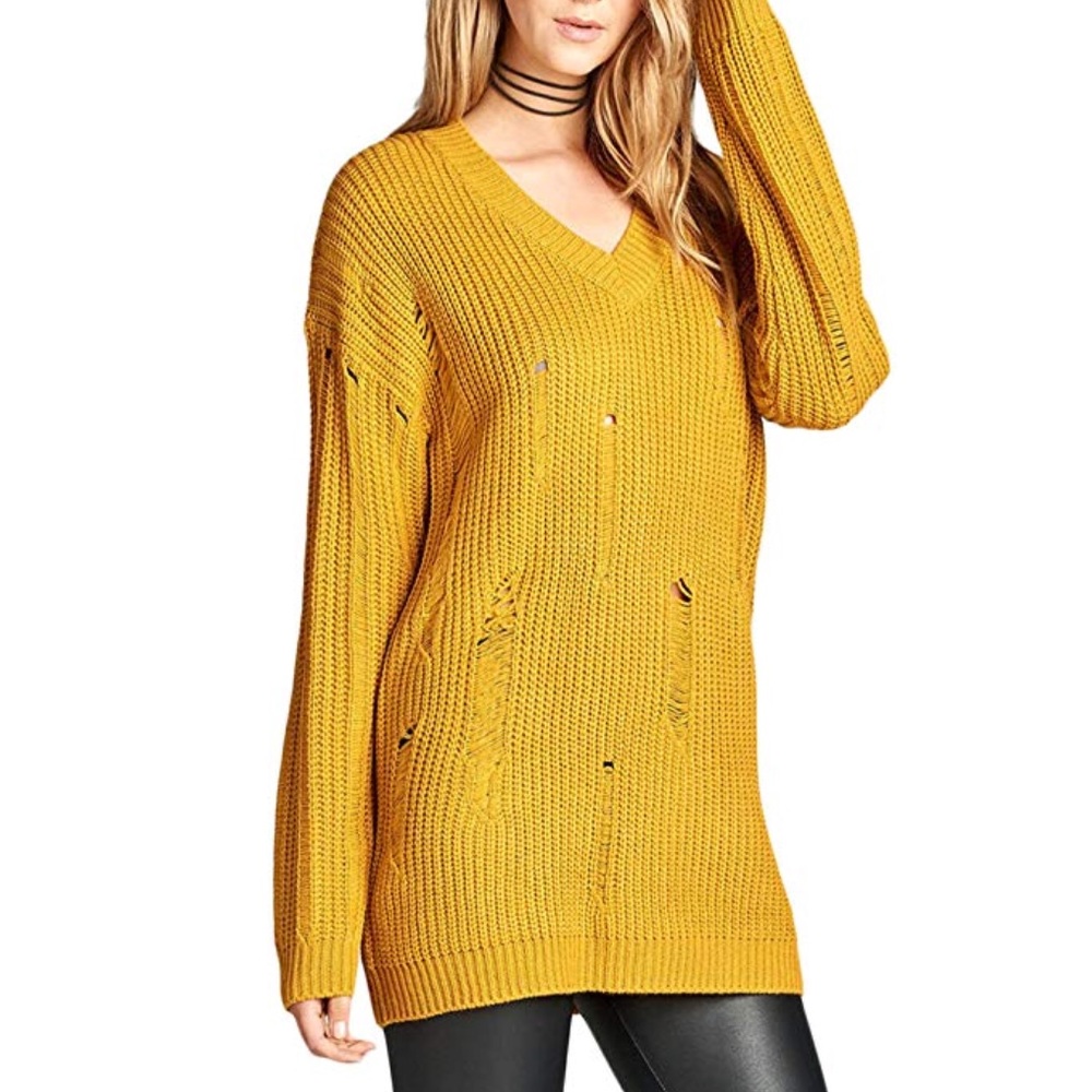 Mustard V Neck Distressed Ripped Knit Sweater - Picture 3 of 4